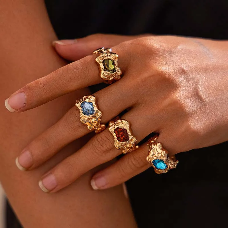 4Pcs Vintage Colorful Zircon Pleated Open Ring Set for Women Fashion Metal Geometric Knuckle Ring Couple Jewelry Accessories