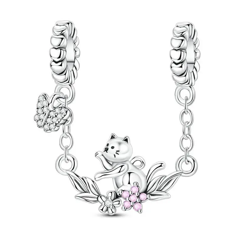 925 Sterling Silver Cat Chasing Butterfly Charms Pendant Fit Original Bracelet DIY Women Anniversary Jewelry Gift