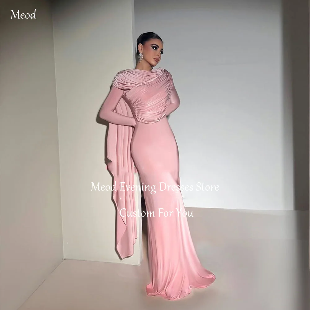 

MEOD Pink O Neck Evening Dress Vintage Dubai Mermaid Prom Gown Satin Long Sleeves Modern Women's Party Attire Customized