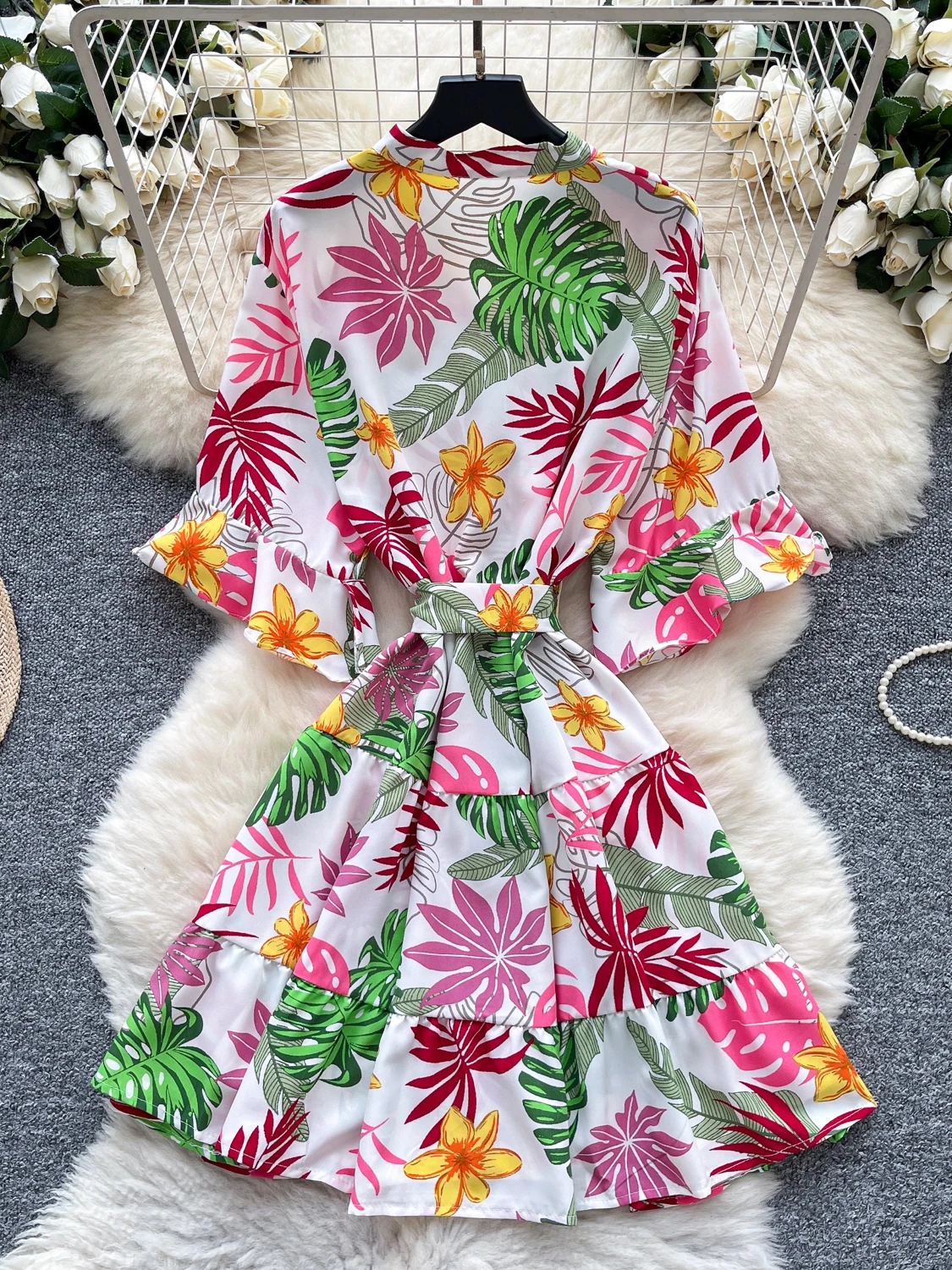 Gonna a trapezio con cintura e cravatta in vita da donna con stampa floreale estiva Dr Or Sve Vita alta Pendolarismo Sle Versione coreana Ci Outfit