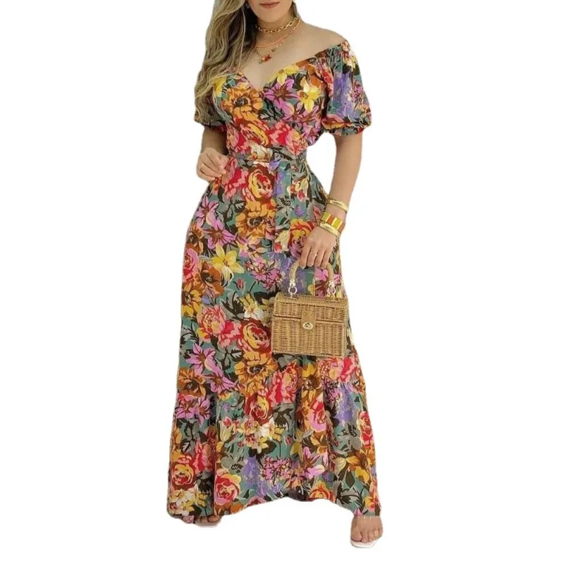 2024 Spring Summer New Women\'s Short Sleeve Printed V-neck Waist-Controlled Lace-up Dress Long Dress Floral Flower Printed