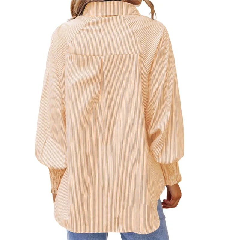 قميص نسائي مخطط بأزرار سفلية بلوزة صديقها مكبلة بأكمام مكشكشة ملابس علوية غير رسمية مع جيوب