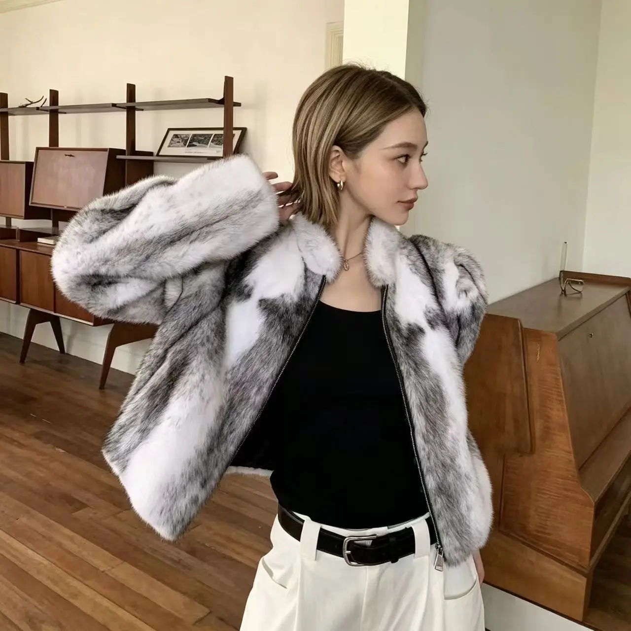 Genuine Real Rabbit Fur Jacket Women Stand Collar Zip Up Long Sleeve Short Style Warm Winter Fashion New Outer Top