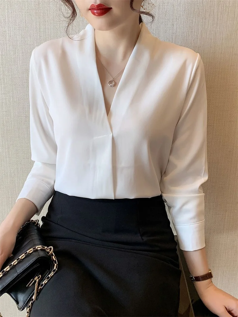 Women Spring Autumn Style Blouses Shirts Lady Office Wear OL Long Sleeve V-Neck Solid Color Blusas Tops WY1004