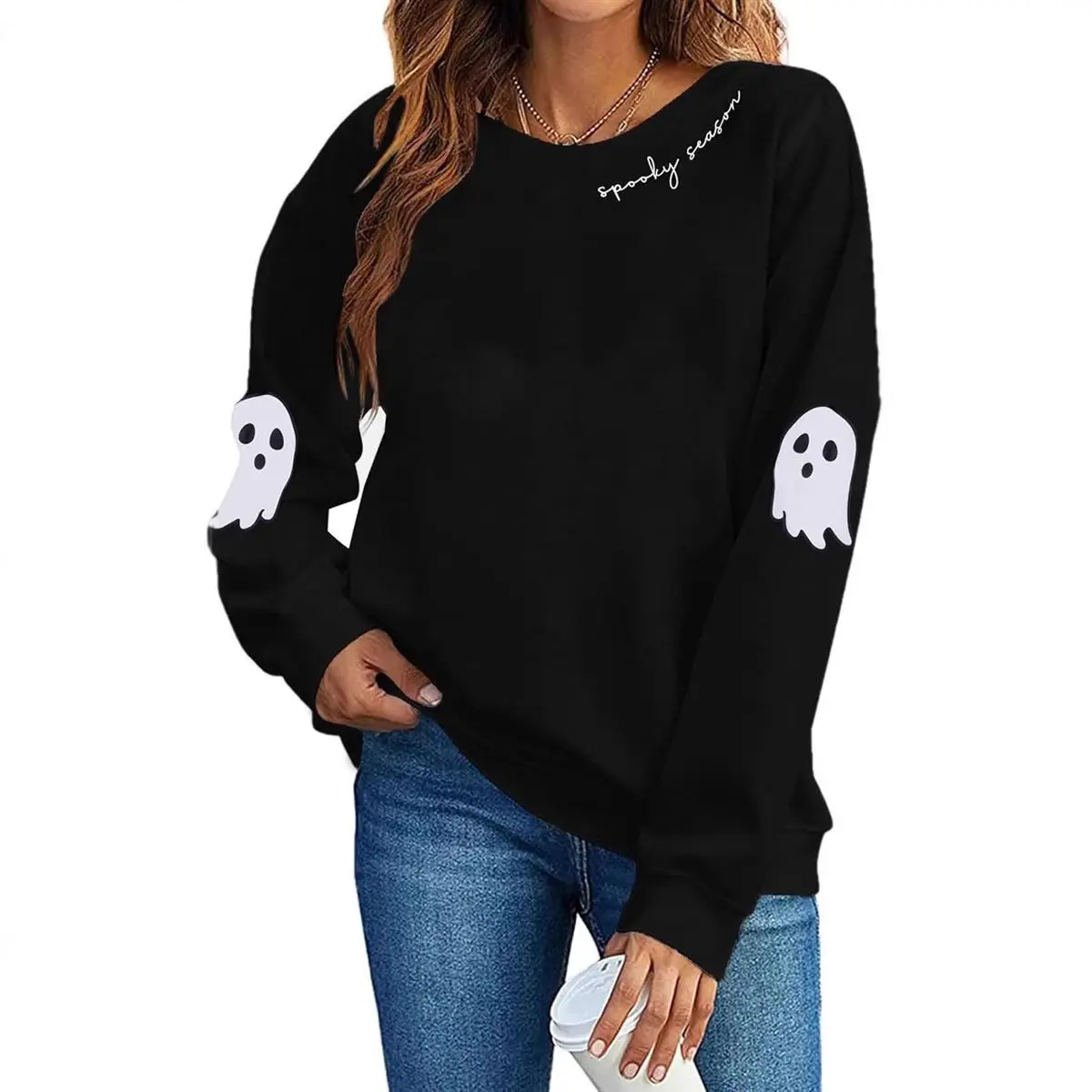 

Halloween Hoodie, European and American Large-sized Round-neck Casual Loose and Versatile Hoodie, Fun Ghost Print Top