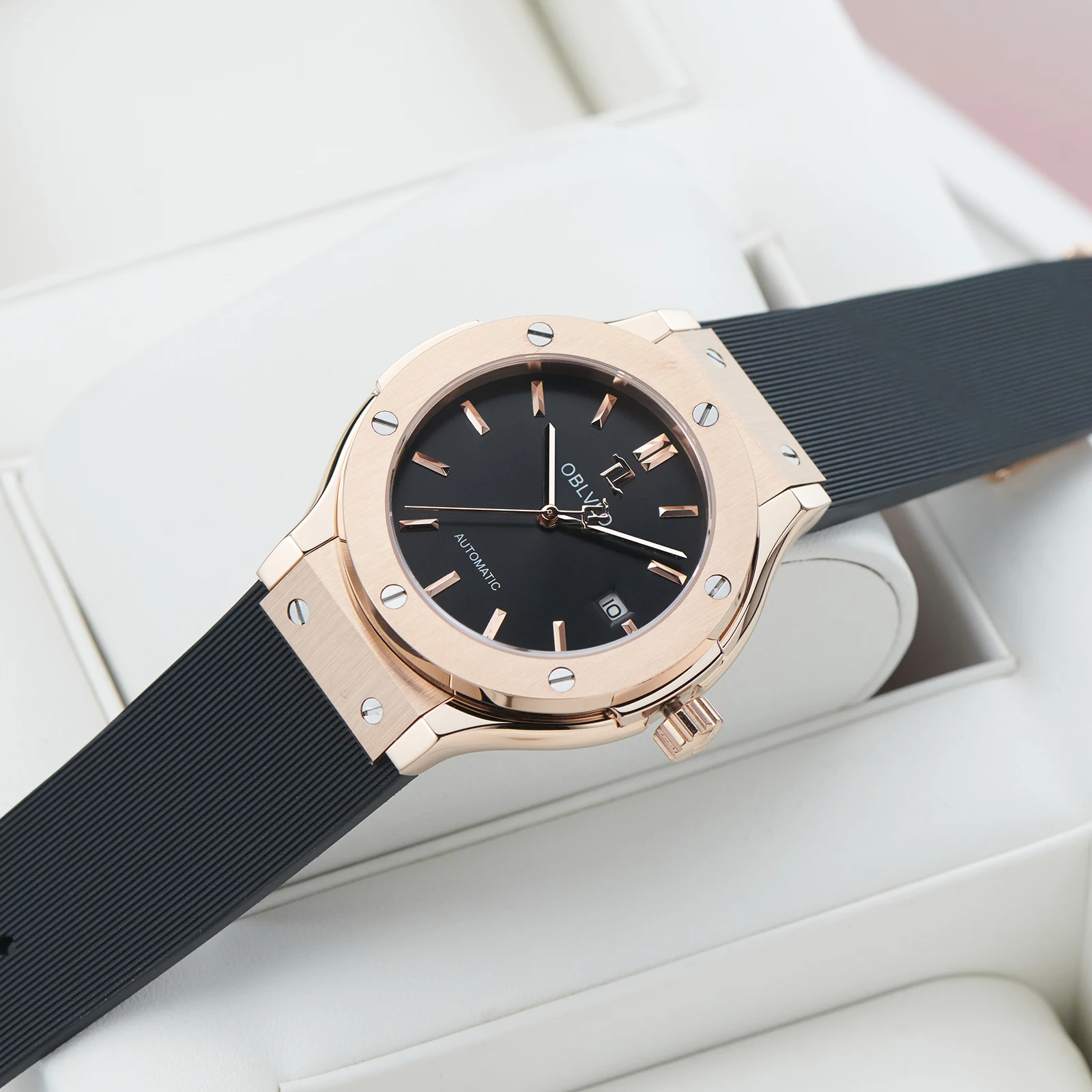 OBLVLO Men's Classic Mechanical Watch Rose Gold Black Dial Waterproof Transparent Automatic Movement Rubber Band Clock HM-SIM