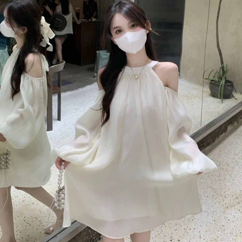 

A-line Off Shoulder Halter Dress Off Shoulder Hanging Neck Lace-up Short Skirts Streetwear Sweet Girl Style Dresses Women Girls