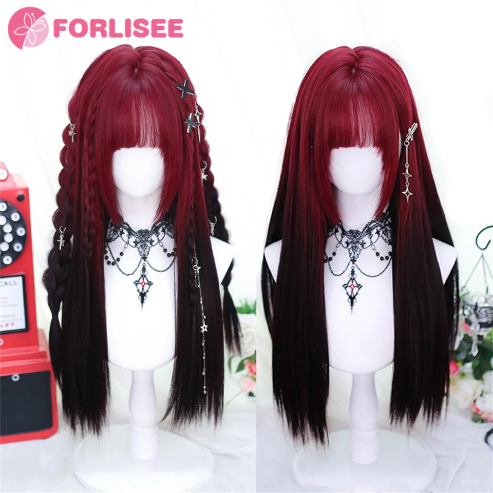 

FORLISEE Cosplay Wig With Bangs Synthetic Straight Hair 23 Inch Long Heat-Resistant Red And Black Dyeing Wig For Women