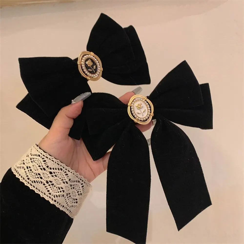 Pearl Black Velvet Bow Hair Clip Sweet Hair Crab Clip Hairpin Bowknot Spring Clip Korean Style Cloth Rose Hair Claw Women