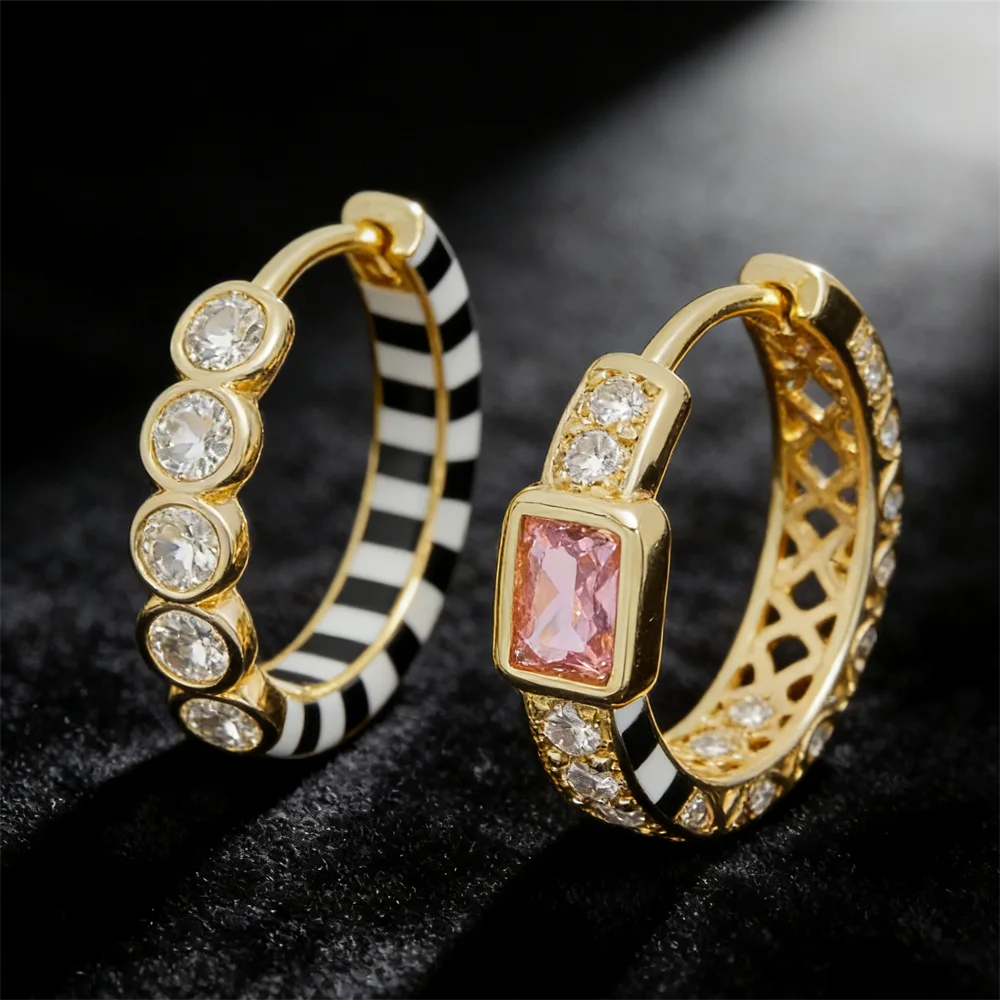 3Pairs Earrings Brass Cubic Zirconia Enamel Oval Round Checkerboard Pink Gem Diy Jewelry Charms Accessories Hoop for Women Men