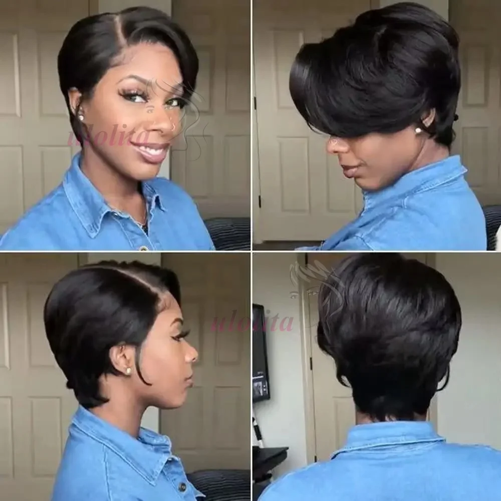 Pixie Cut Echthaarperücken, Salz-und-Pfeffer-Perücken, kurze Bob-Echthaarperücken, sofort tragbar, ohne Klebstoff, 13x4 Lace Frontal Perücken, brasilianisch gewellt – Detail 18