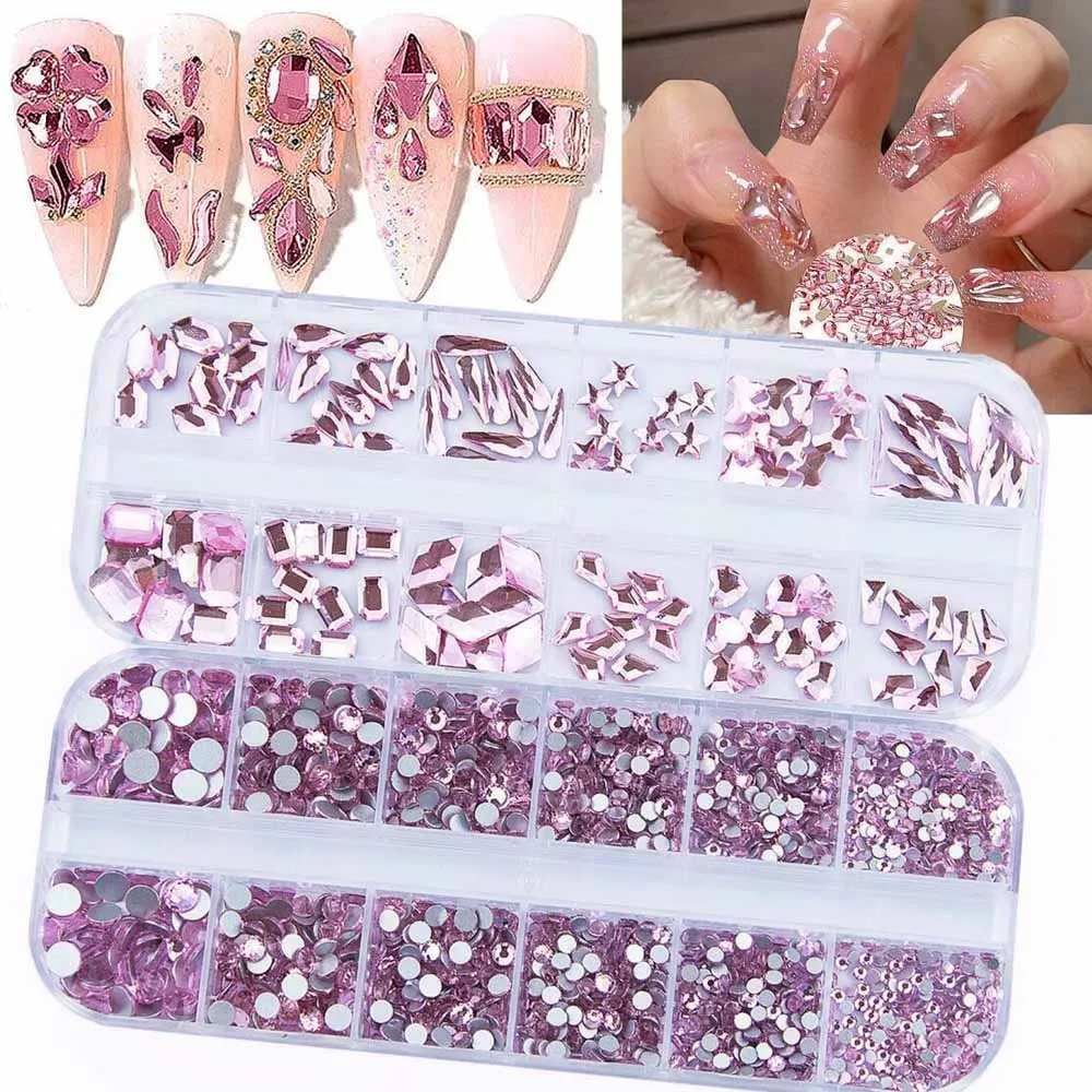 

2box 12Grids Round/Irregular Nali Rhinestones Pentagram Square Water Drop Flat-back Nail Decorations 1.5-4mm Women Manicure Gems