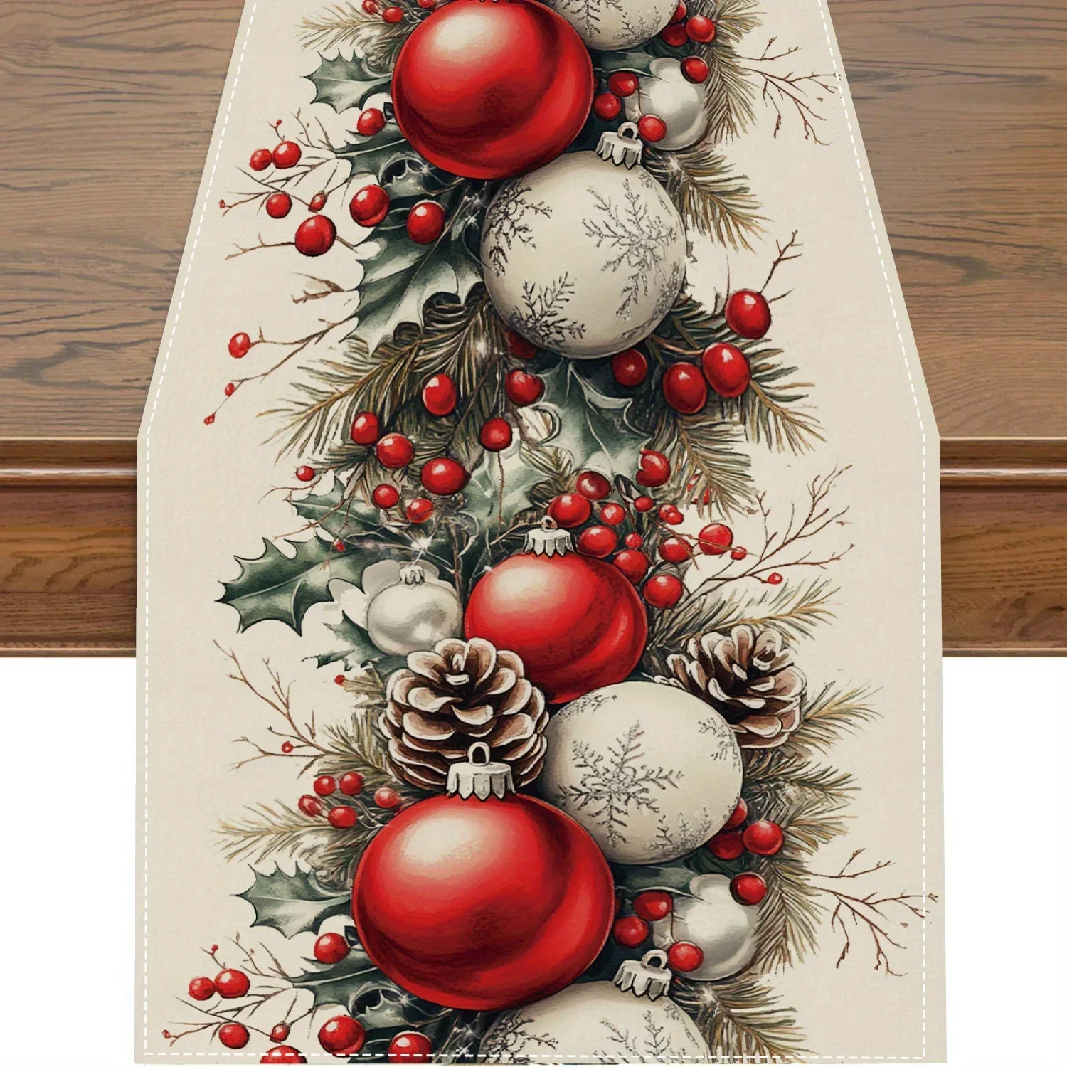 

Christmas Balls Pine Cone Red Berry Linen Table Runner for Table Decor Winter Xmas Botanical Table Runners Christmas Decorations