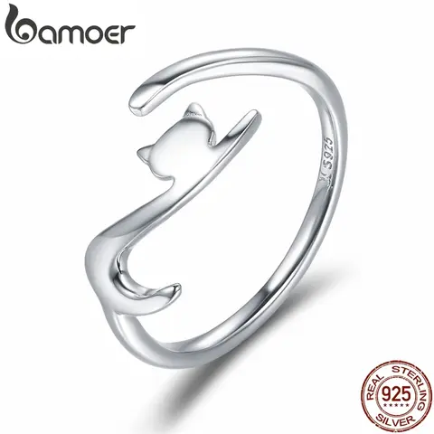 Sterling Silver Cat Ring with Long Tail bamoer