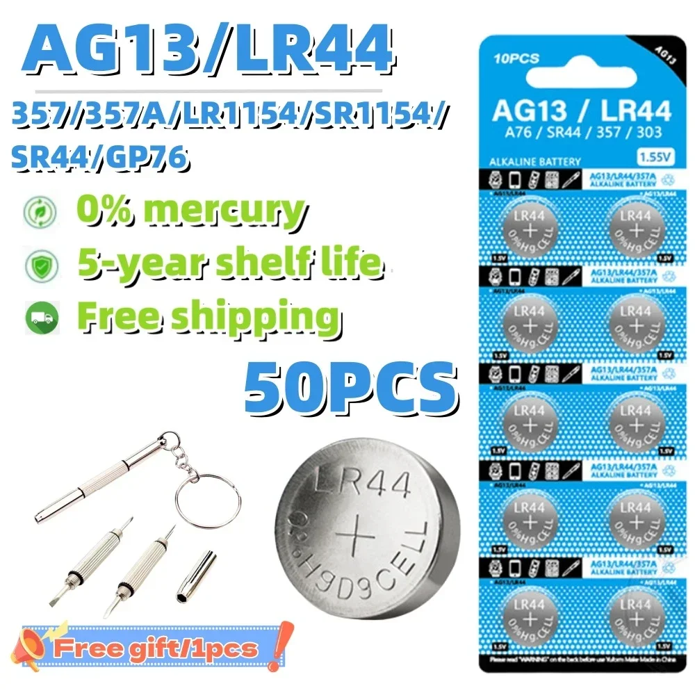 50 peças ag13 lr44 célula moeda 1.55v l1154 rw82 sr1154 sp76 a76 lr1154 gp7 357 sr44 baterias de botão alcalinas para relógio brinquedos remoto