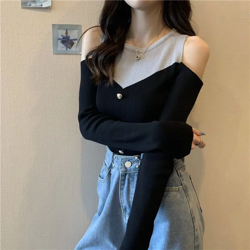 Off Shoulder Contrast Short Pullovers Top Spring Autumn Hollow Out Slim Patchwork Trend Sweaters Korean Fashion Women Clothing