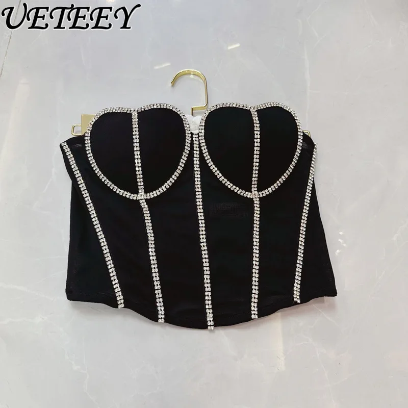 

Summer New Retro Outer Wear Tube Top Women's Sexy Versatile High Waist Niche Slimming Sling Black Short Diamond Chain Vest