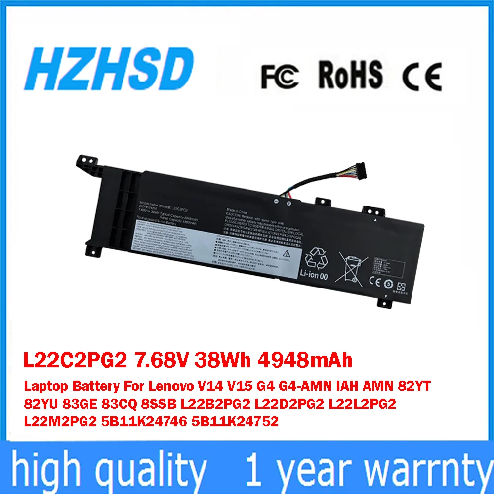 

L22C2PG2 7.68V 38Wh 4948mAh Laptop Battery For Lenovo V14 V15 G4 G4-AMN IAH 82YT 82YU 83GE 83CQ 8SSB L22B2PG2 L22D2PG2 L22L2PG2