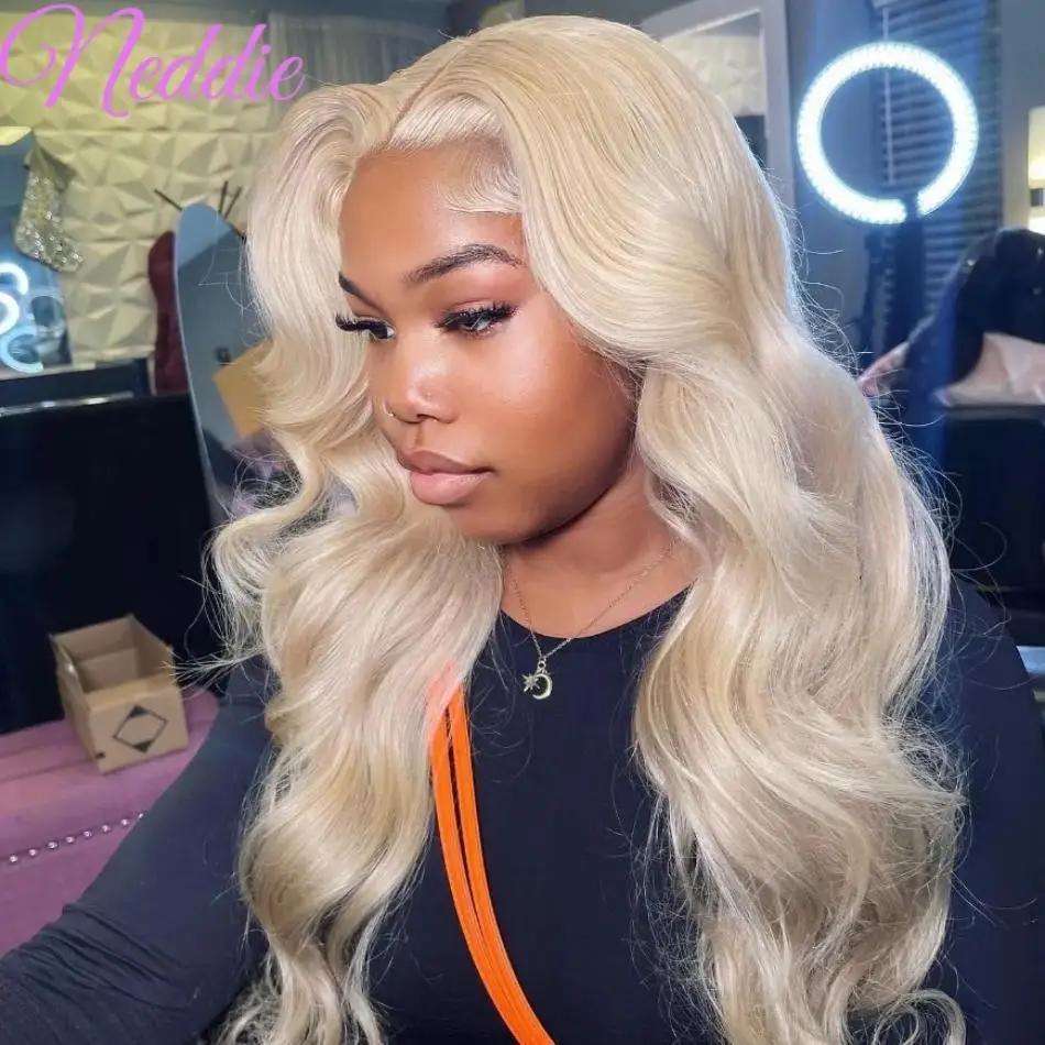 Peruca Lace Frontal Brasileira para As Mulheres, Cabelo Humano, Onda Do Corpo, HD Transparente, 100% Mel Loiro 613, 30 ", 40", 13x6