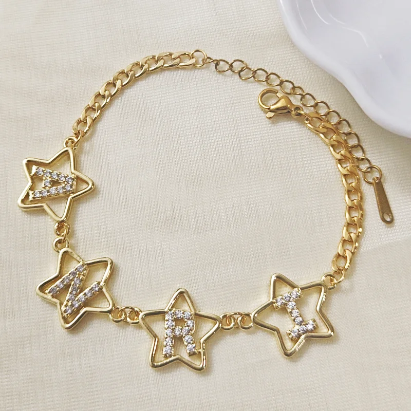 Women's customized pentagram letter personalized crystal letter Cuban chain bracelet jewelry gift