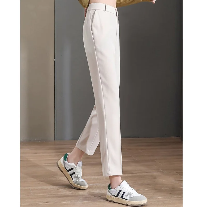 Spring Summer Office Lady Rice Apricot/black Nine Points Straight Trousers Womens All-match Button Patchwork Pockets Suit Pants