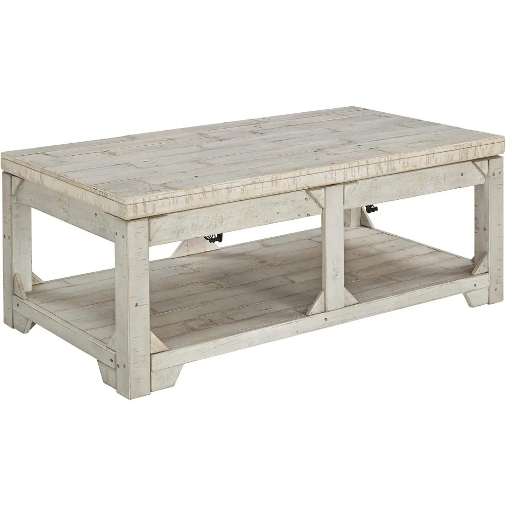 Farmhouse Rectangular Lift Top Coffee Table with Floor Shelf, Whitewash with Weathered Finish