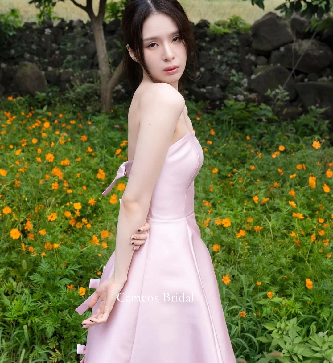 SONDR Strapless Birthday Korea Evening Dress Customized Satin Hi-lo Formal Prom Dress Simple A-Line Pink Evening Gown Bridal