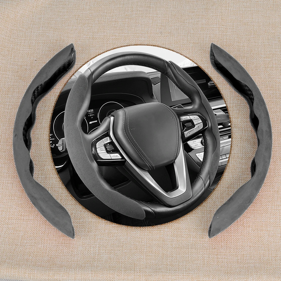 

2Pcs Gray Steering Wheel Cover Trim Protector Suede Leather Anti-slip for Universal Car New