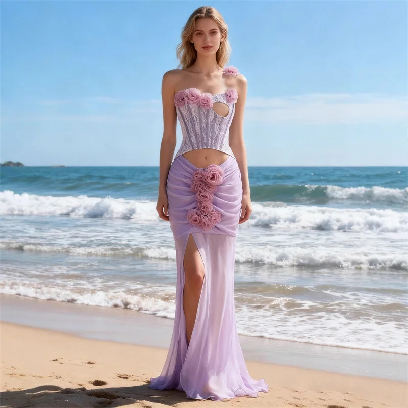 

Светло-фиолетовое выпускное платье с корсетом, без рукавов, с 3D цветами, длинное, облегающее, для торжественных мероприятий, вечеринок, свадеб, вечерних банкетов