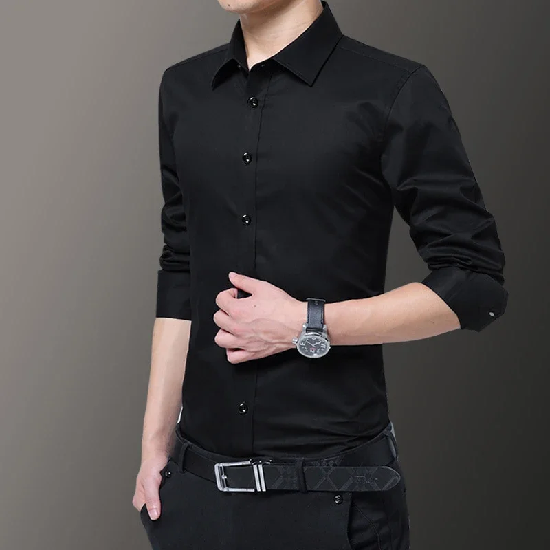 Men\'s Long Sleeve Shirt Slim Solid Color Business Casual Trendy Male Brand Classic Professional Blouse Plus Size 5xl 6XL 7XL