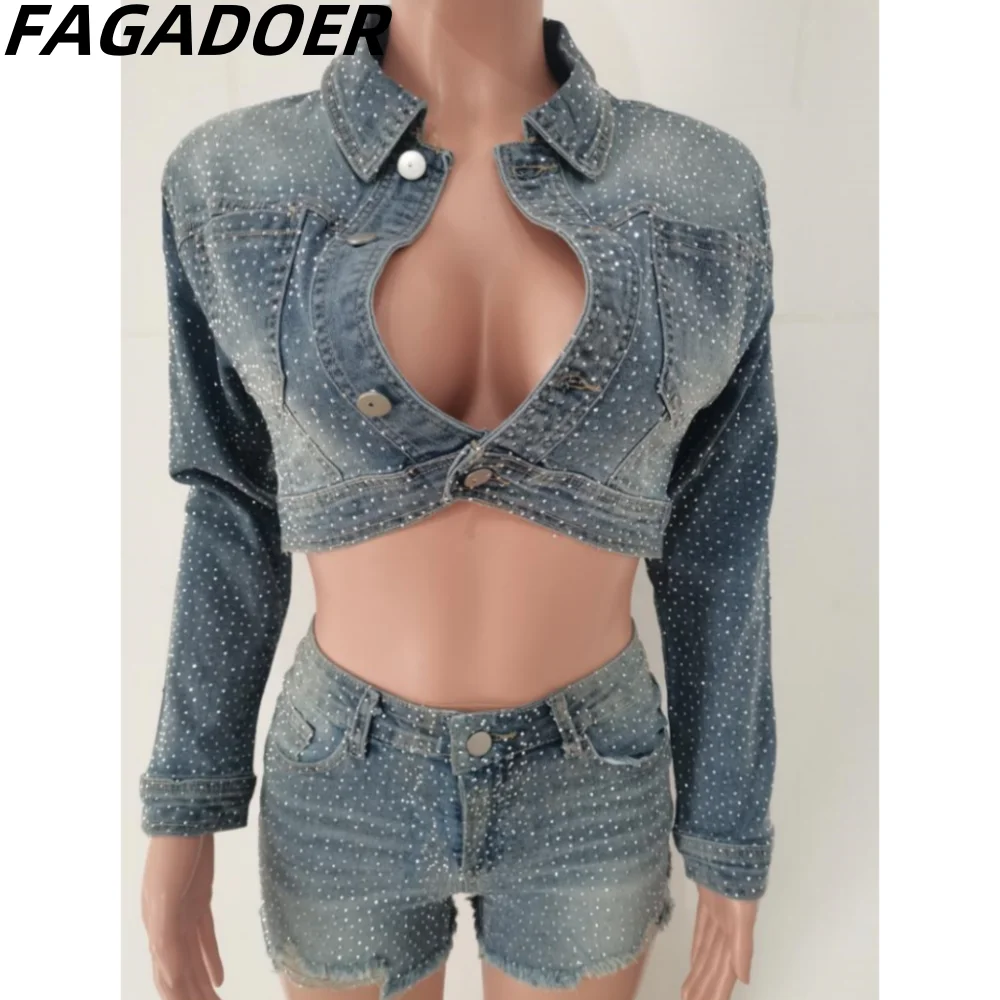 Fagador-デニムツーピースセット,半袖とショートパンツ,ラインストーン付き,レトロスタイル,y2k, 2024