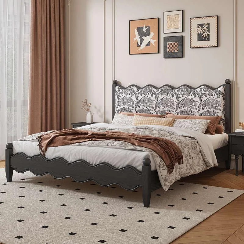 Retro French Style Solid Wood Bed 180 cm for Master Bedroom Upholstered Ash Wood Double Bed Mid Century Ripple Design Wedding