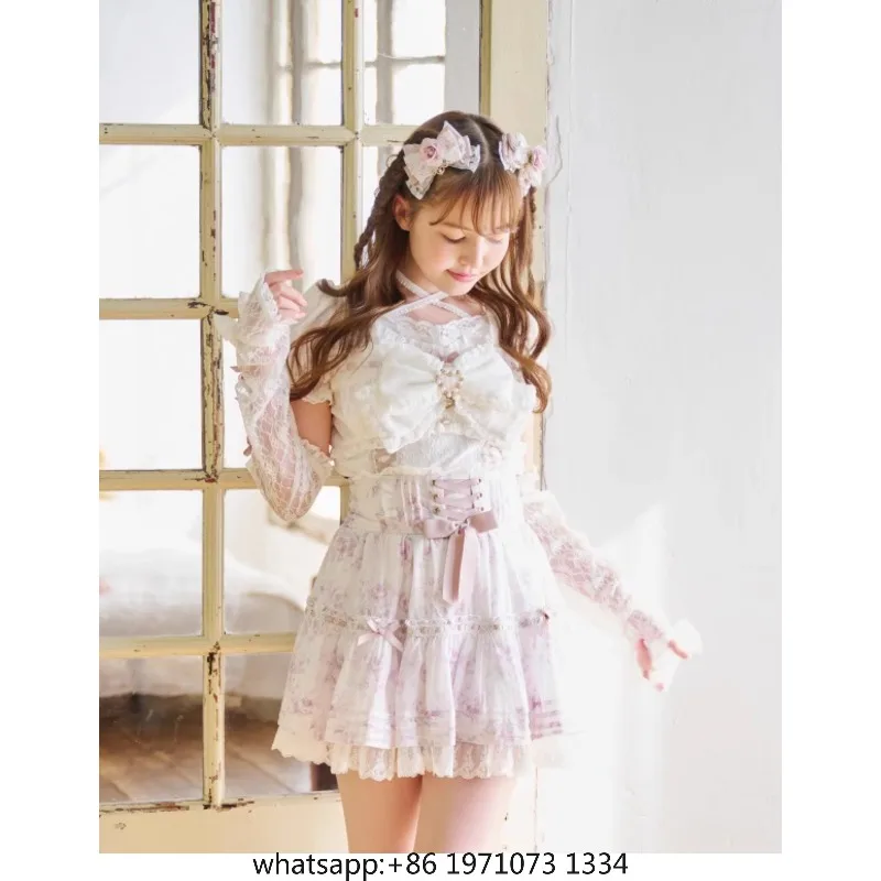 Original Japanese Liz Shirt Women Mine Series Mass Production Lace Sweet Bow Sleeve Cross Strap Shirts Blouse Lolita Girls Top