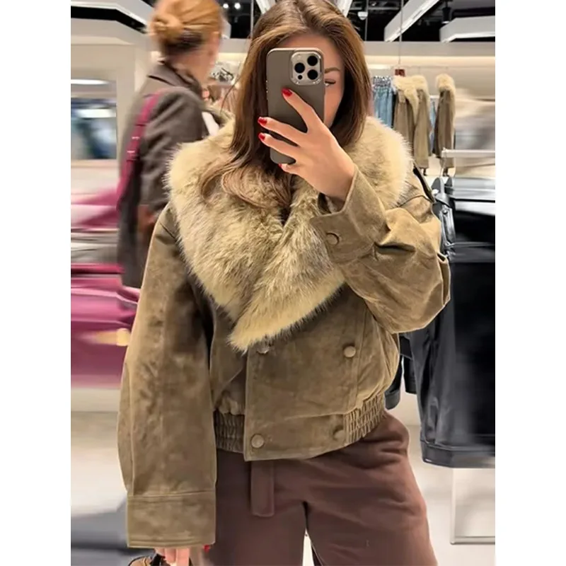 

Новая модная женская короткая куртка-пуховик с большим меховым воротником из искусственного меха лисы