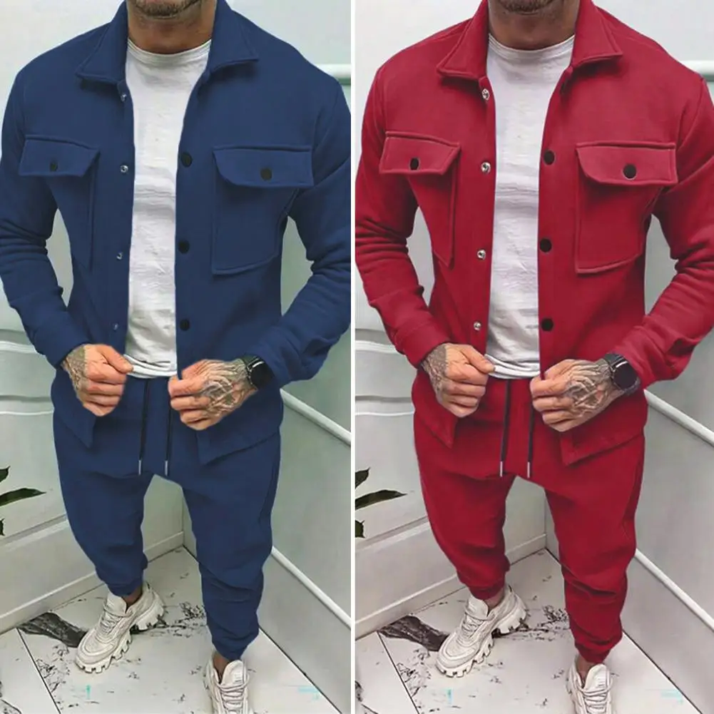 Men Two-piece Suit Set Winter Thick Warm Casual Suit Outfit Long Sleeve Coat Long Trousers Set Fashion Men\'s Activewear Outwear