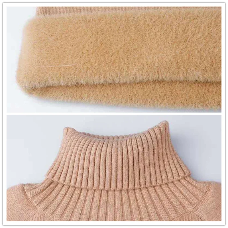 Pull mi-long doublé de velours pour femme, col roulé mince, pull épais, tricots chauds, sourire coréen, hiver