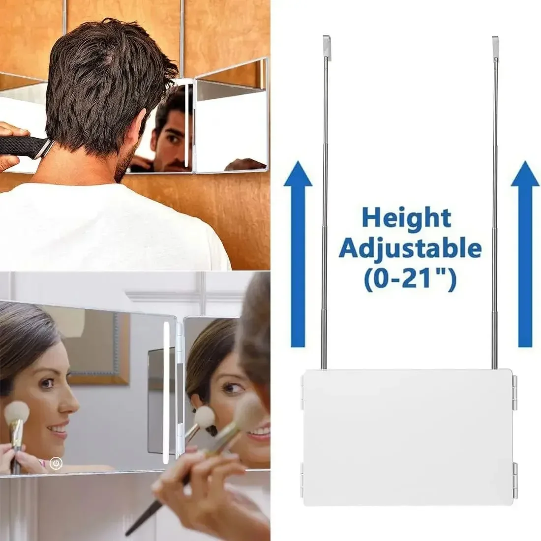 Triple Mirror Adjustable Hanging Telescopic Vanity Mirror for Shaving Combing Hair and Make-up with Height-adjustable Stand