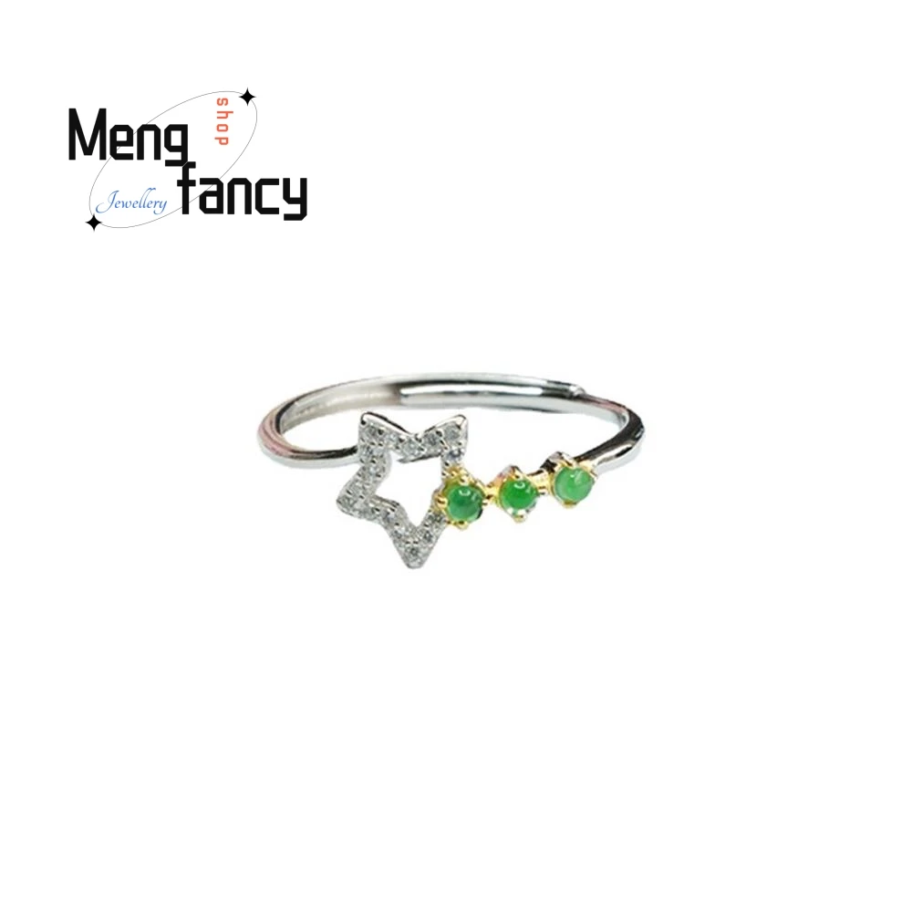 S925 Silver Inlaid Natural Jadeite Stars Ice Type Imperial Green Ring Exquisite Elegant Simple High-grade Luxury Fashion Jewelry