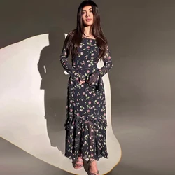 Women Elegant Square Collar Butterfly Sleeve Floral Print A Line Casual Sweet Long Dress