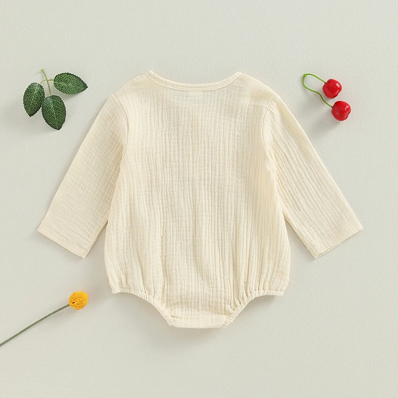 Emmababy Baby Girls Boys Autumn Cotton Linen Romper Solid Color Long Sleeve Crewneck Button Bodysuit with Pockets Casual Clothes