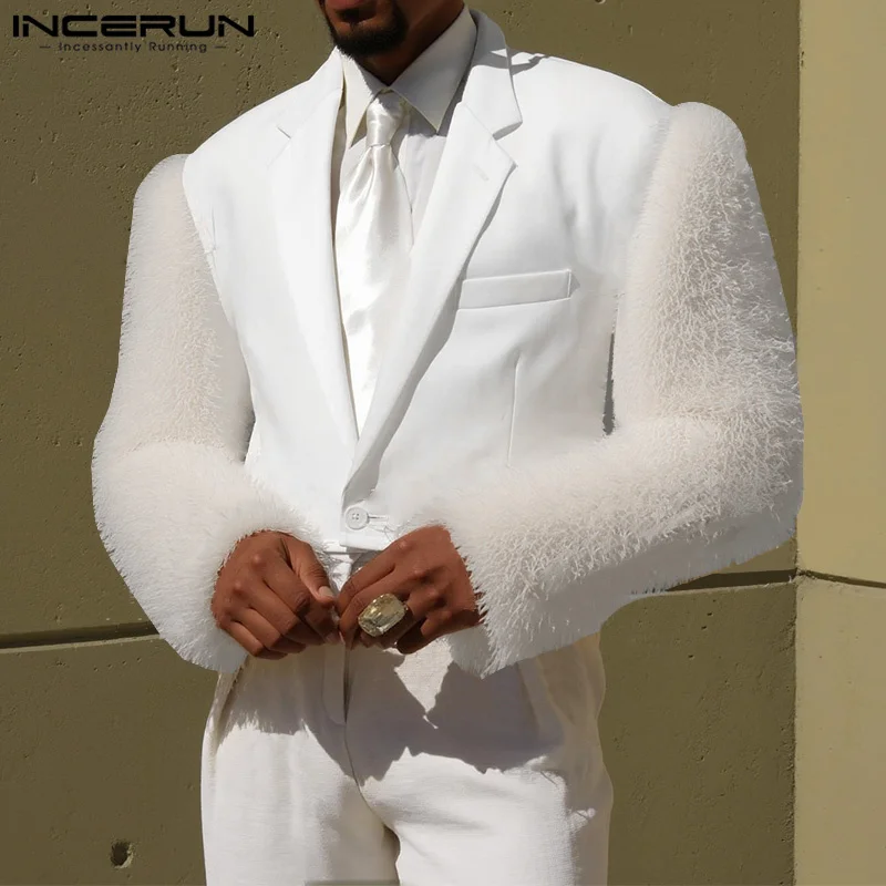 

INCERUN Tops American Style Fashion Men's Splicing Plush Design Loose Suit Coat Casual Clubwear Male Solid Long Sleeved Blazers