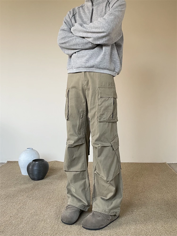 

American Retro Faded Pleated Multi-ket Design Work Pants Loose Straight Casual Pants Youthful Vitali All Seasons