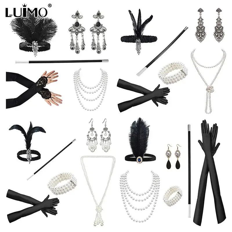 1Set 1920's Flapper Cosplay Costume Feather Headband Pearl Necklace Long Glove Gatsby Masquerade Accessories