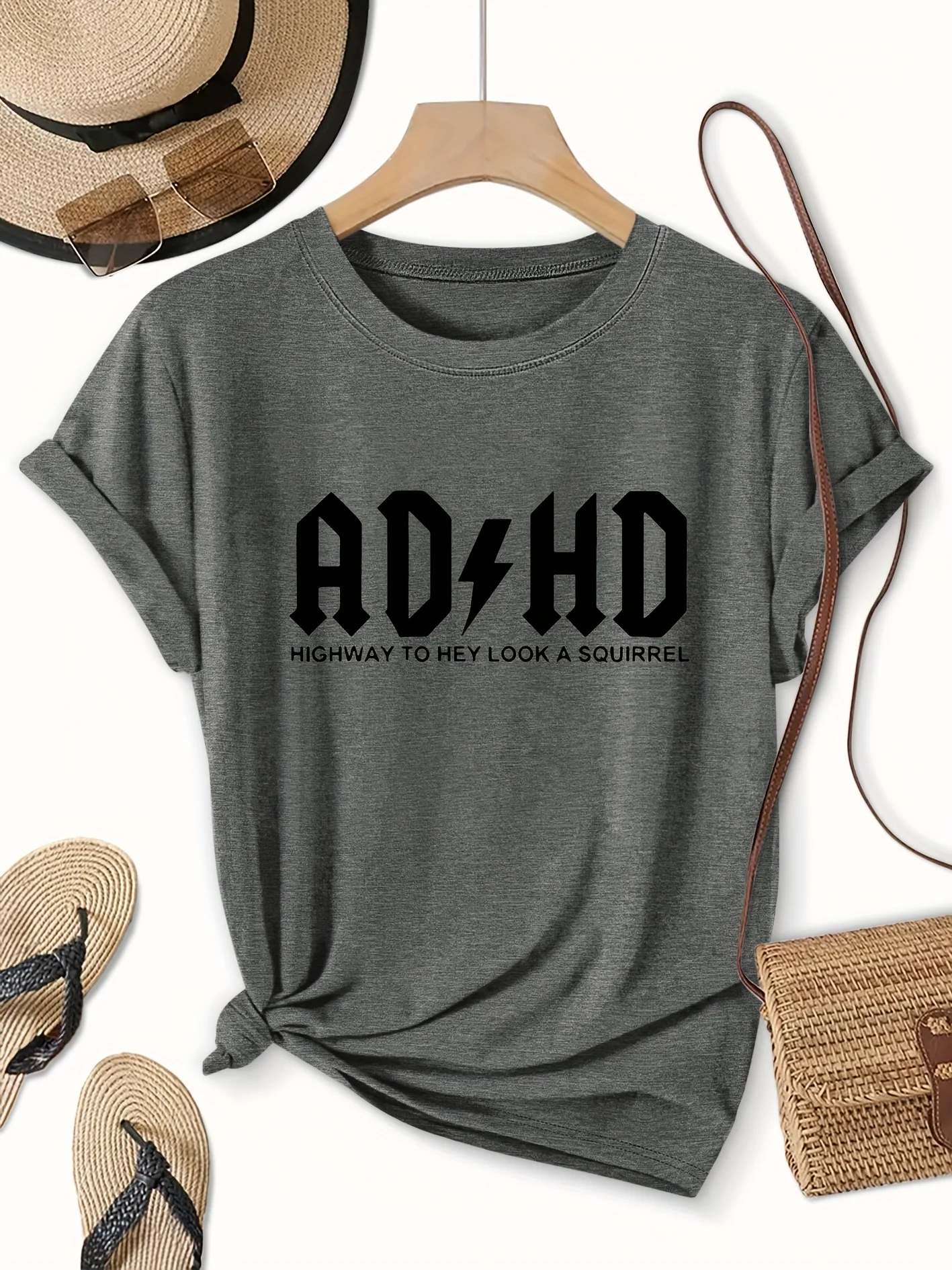 ADHD Highway To Hey Look A Squirrel Women's Tee, Funny Grey Top