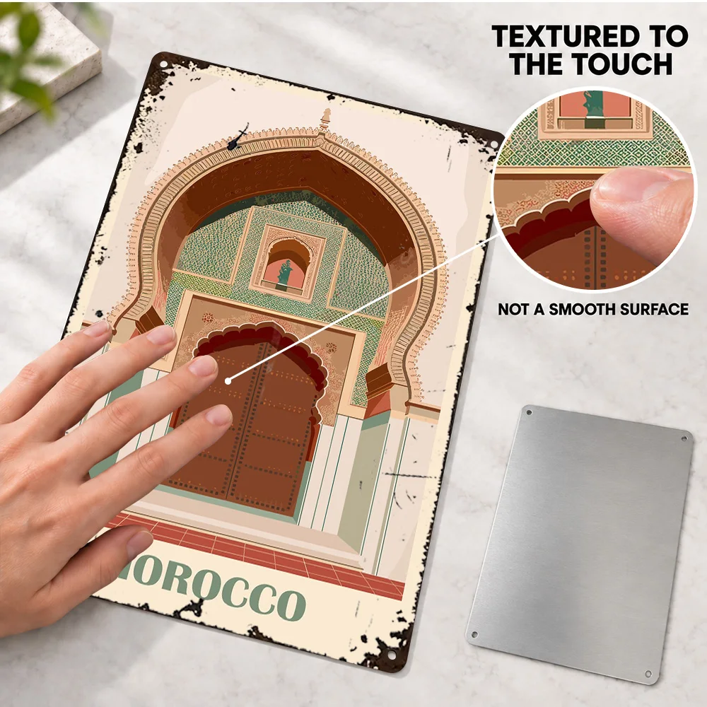 Morocco Architectural Illustration Textured Metal Poster Retro Bold Design Studio Wall Art Personalized Aluminum Sign Fan Gift