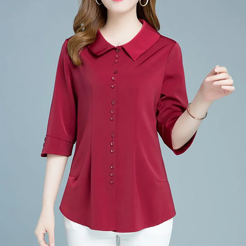 

Office Lady Elegant Fashion Cardigan Chiffon Shirt Spring Summer Korean Women Doll Collar Mid-sleeve Solid Loose Casual Blouse