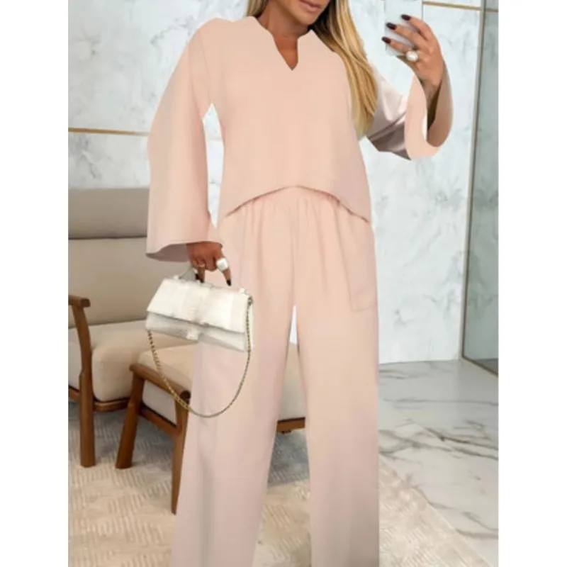 Women\'s Spring and Autumn Set V-neck Flared Sleeve Front Short Back Long Wide Leg Pants Two-Piece Set Ladies Commuter Pants Suit