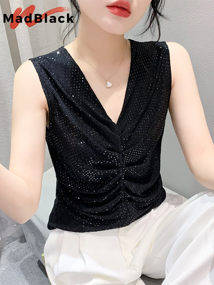 

MadBlack Summer New Tank Tops Woman Sexy V Neck Slim Ruched Sequin Outerwear Vests Fashion Sleeveless Tee 2024 T43807JM