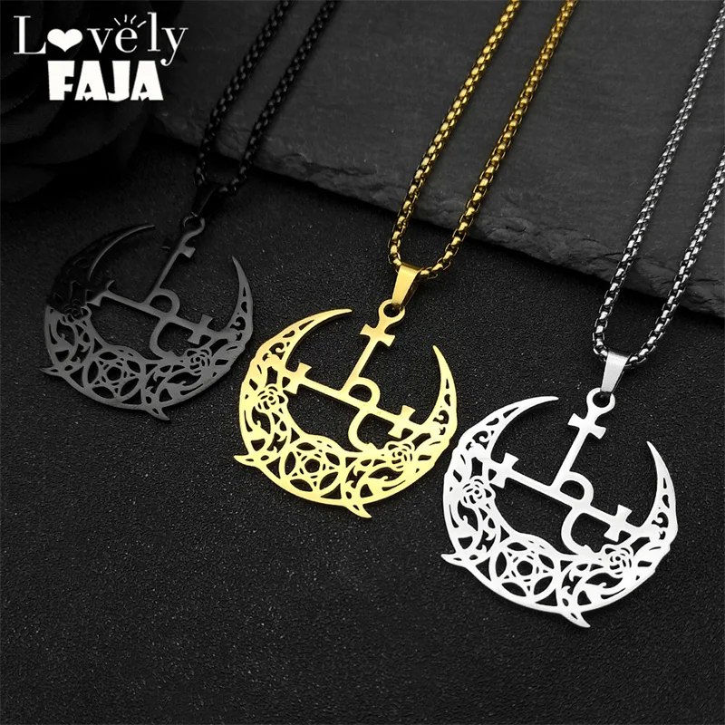 Wicca Triple Moon Crescent Pentagram Pedant Necklace For Women Men Stainless Steel Gold Color Satan Lilith Demon Seal Jewelry