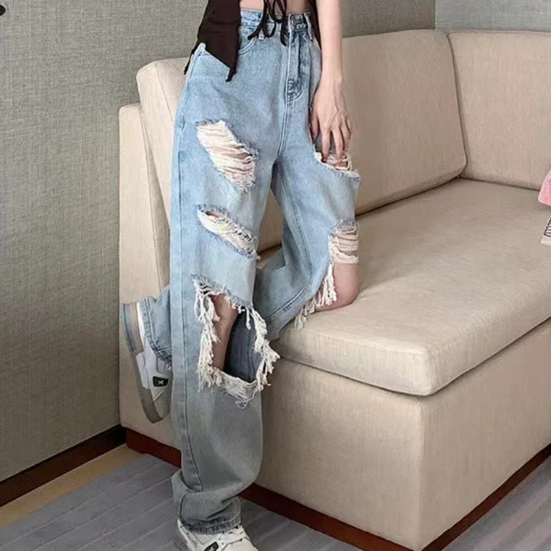 Jeans for Women Full Length Vintage Straight Holes High Street Chic Korean Summer High Waist Washed Distressed Casual Hot Girls